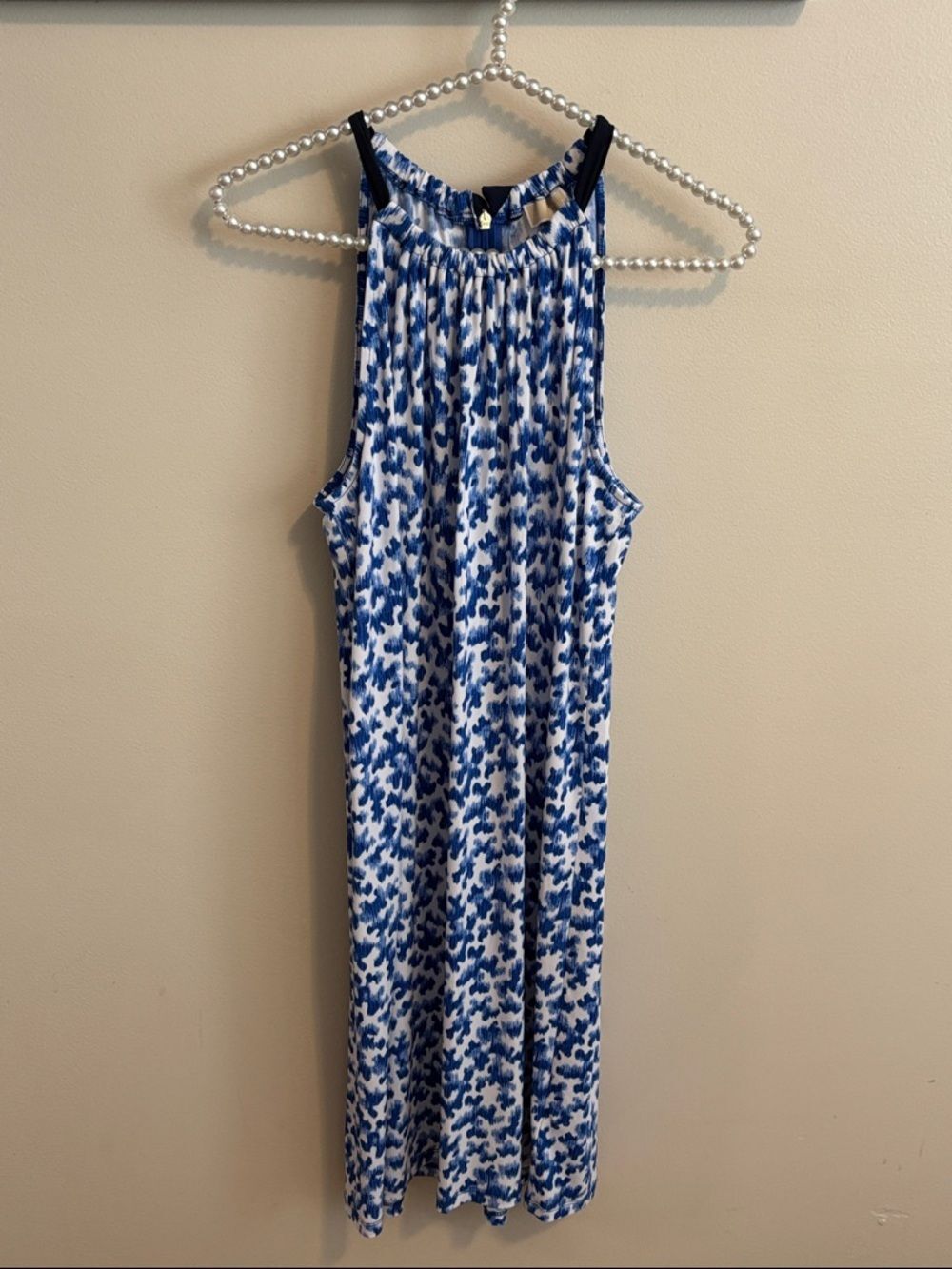 Michael Kors Halter Dress Blue White Ikat Abstract Print Stretch Womens Sz M